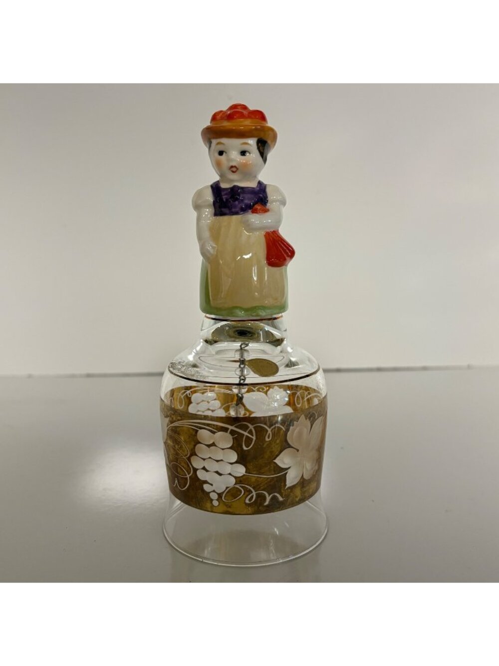 Western Germany Hand-Painted Porcelain Girl Glass Bell Gold Trim Grapevine VTG